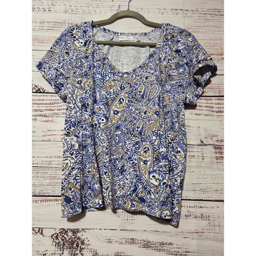 Rafaella Womens Paisley V-Neck Short Sleeve Top Blue White Tan Size Medium